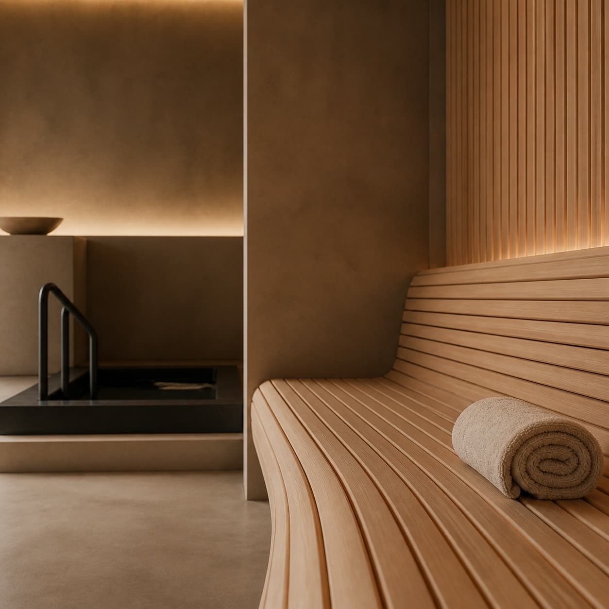 Houten Bambu-sauna met ijsbad en herstelruimte