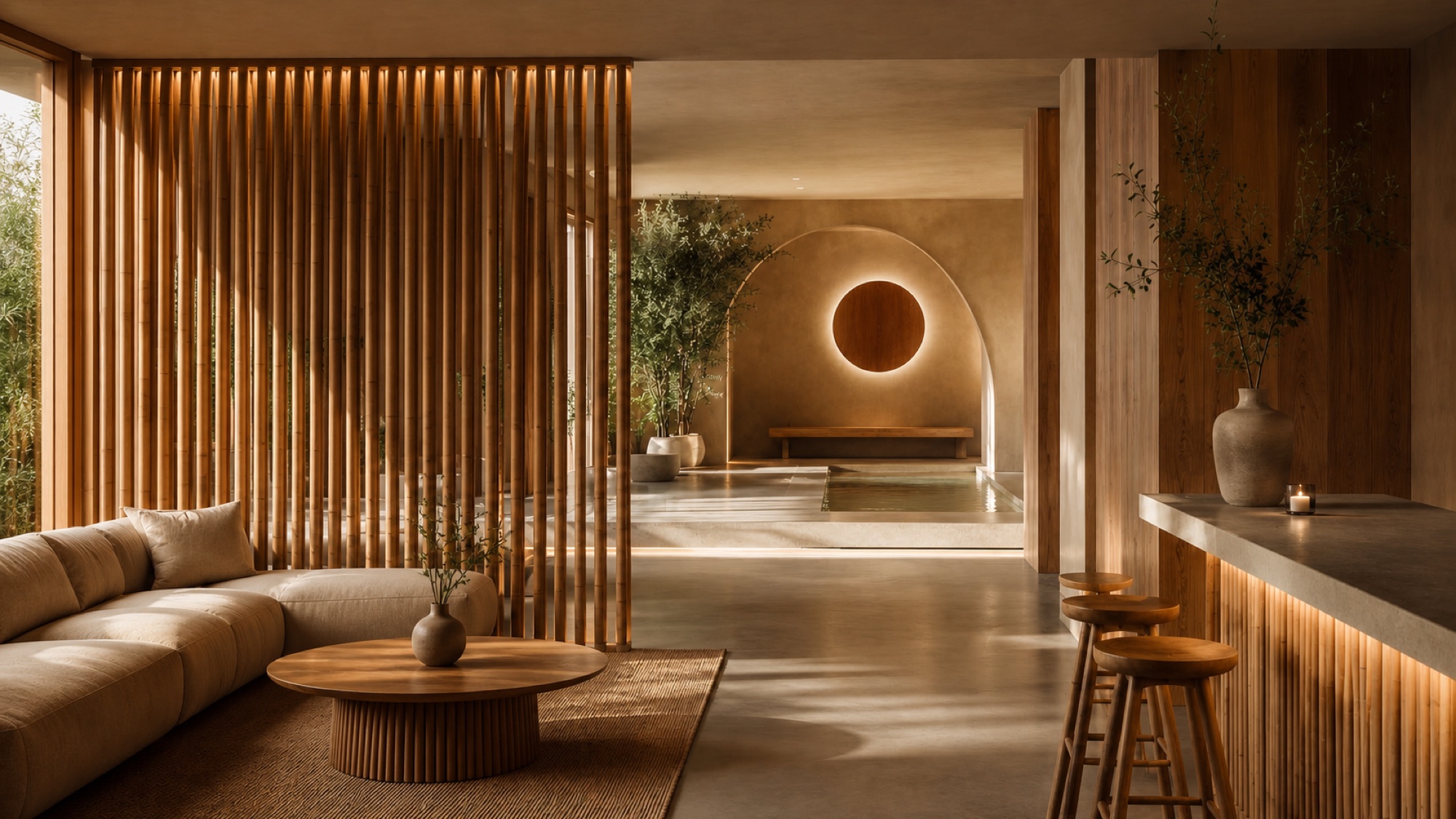 Warm interieurconcept voor Bambu Club met lounge, bar en waterpartij